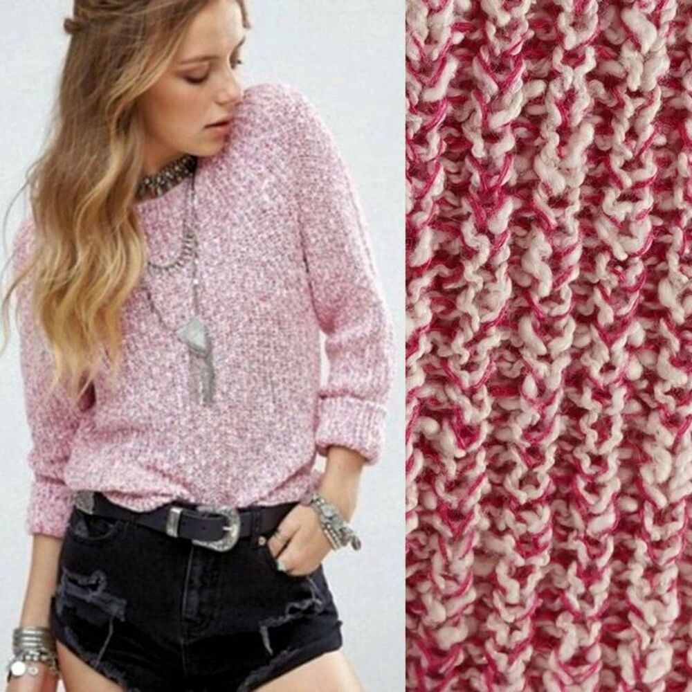 Free People Knit Sweater Pink Marled Linen Lagenlook Winter Cozy Size Medium